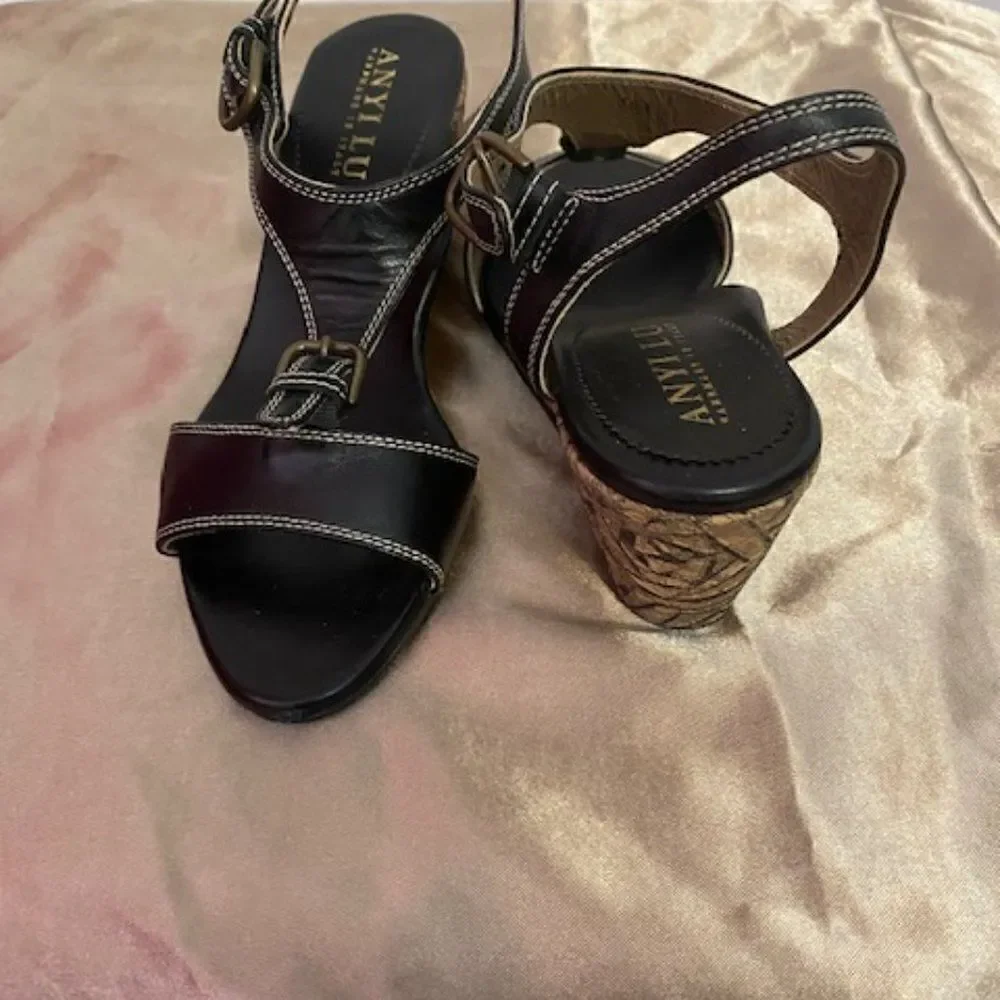Anyi Lu Black Festive Leather Wedge Sandals, size 36 1/2-6 1/2